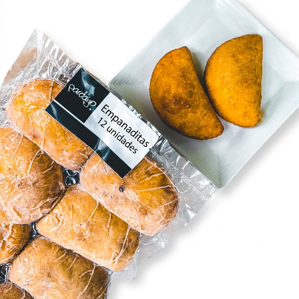 Paquete de empanaditas con etiqueta de 12 unidades sobre fondo blanco
